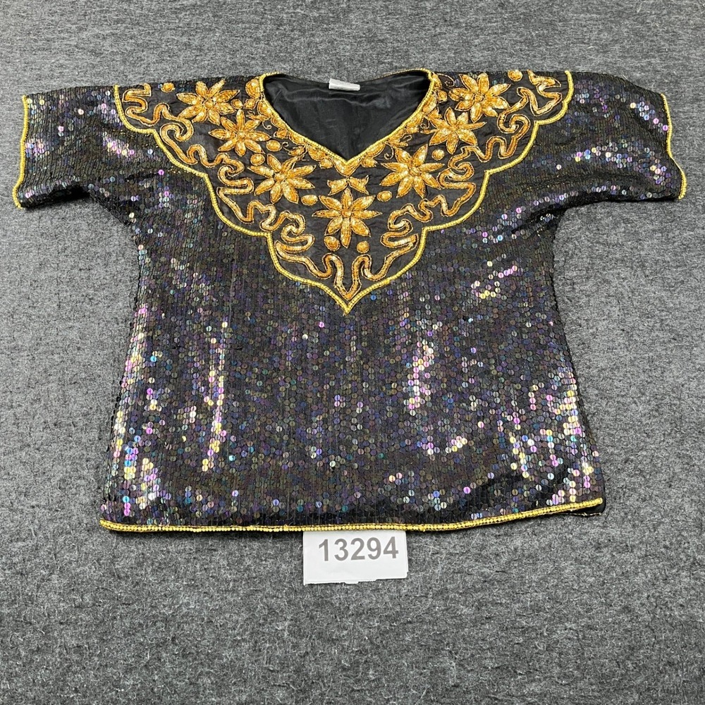 Elegance by Anujan Blouse Women Medium Black Excellent Silk Sequin Gold Floral